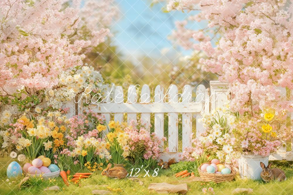 Kate Easter Bunny Flowers White Fence Backdrop Designed by Emetselch