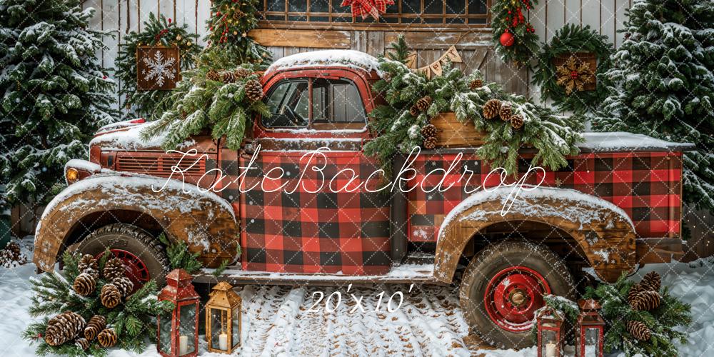 Kate Christmas Truck Plaid Snow Backdrop Designed by Emetselch - Kate Backdrop AU