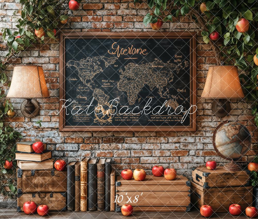 Kate Vintage Brick Wall Map Globe Apples Fleece Backdrop Designed by Emetselch - Kate Backdrop AU
