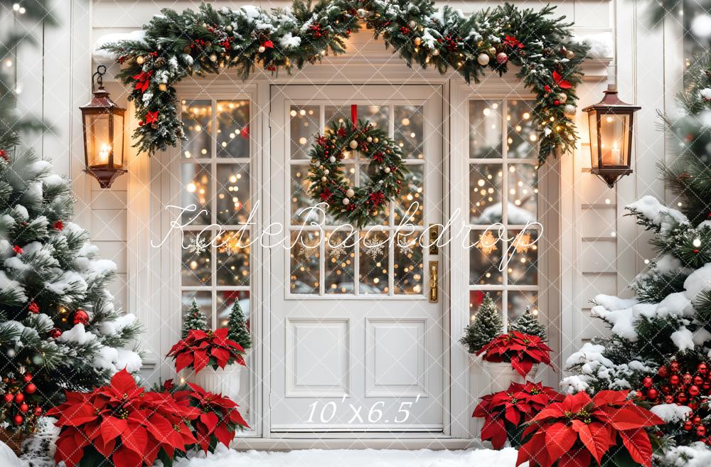 Kate Christmas Snowy Door Wreath Poinsettias Backdrop Designed by Emetselch