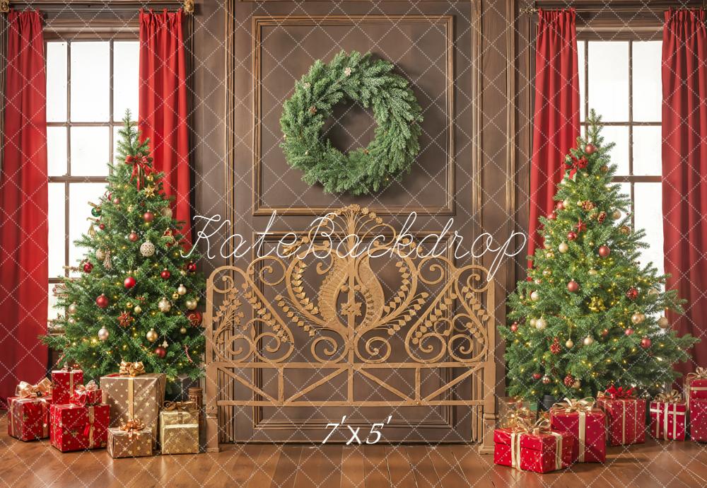 Kate Christmas Trees Wreath Red Curtains Backdrop Designed by Emetselch - Kate Backdrop AU