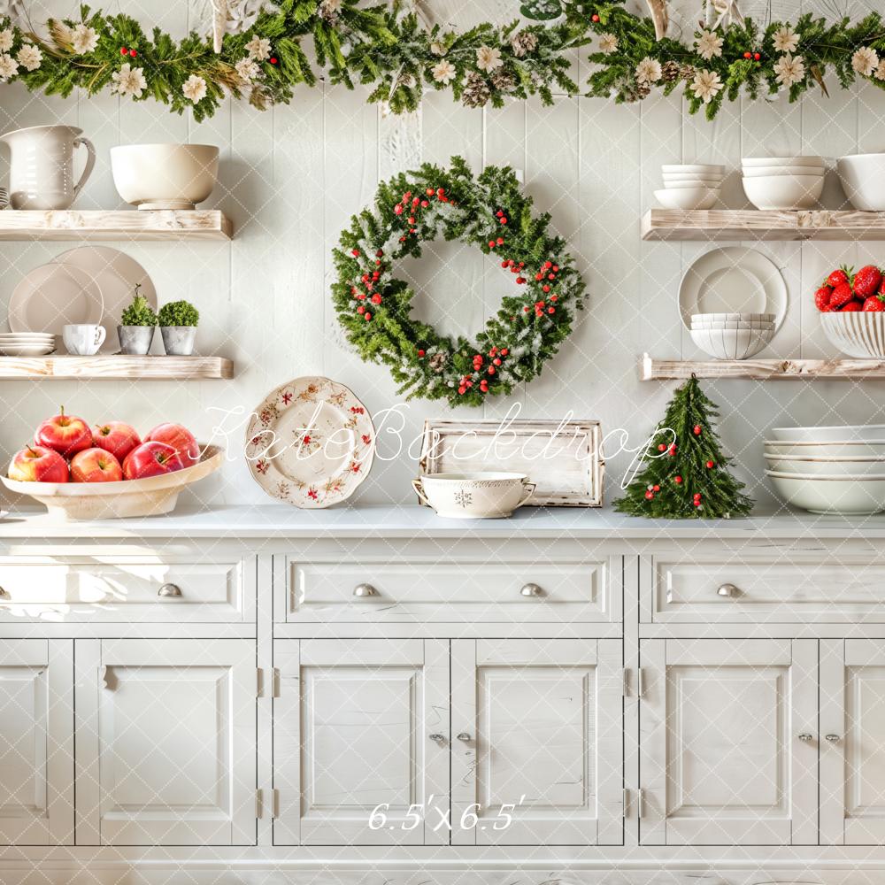 Kate Christmas Kitchen Wreath White Cabinet Backdrop Designed by Emetselch - Kate Backdrop AU