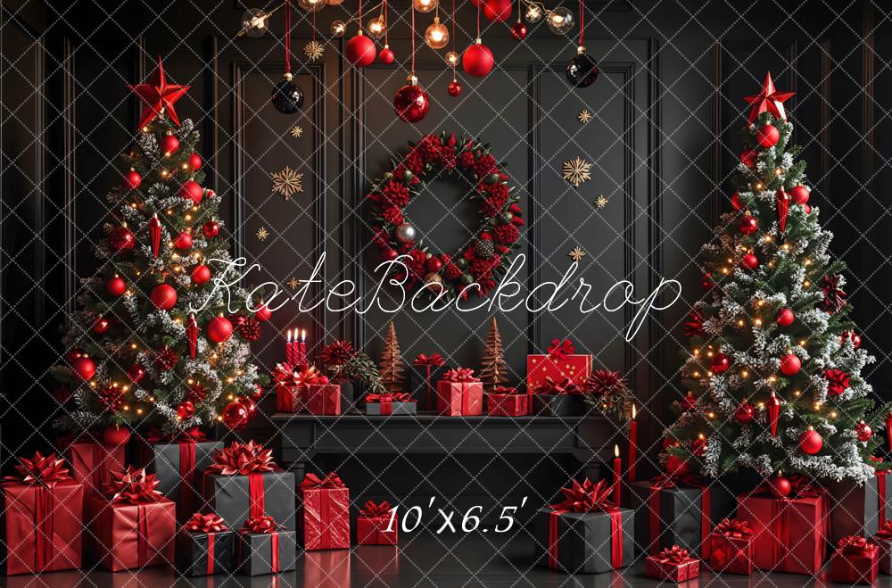 Kate Christmas Trees Wreath Presents Black Wall Backdrop Designed by Mini MakeBelieve