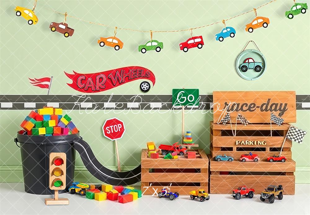 Kate Race Day Toy Cars Wooden Crates Backdrop Designed by Laura Bybee - Kate Backdrop AU