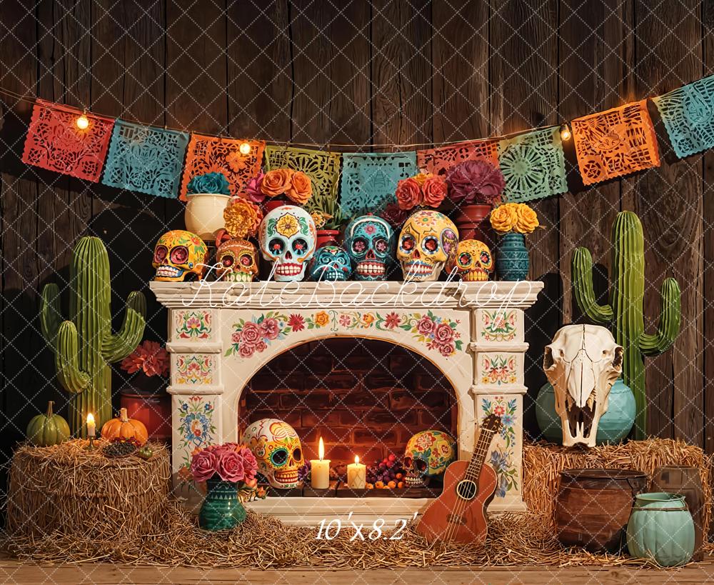 Kate Skull Fireplace Papel Picado Fleece Backdrop Designed by Emetselch