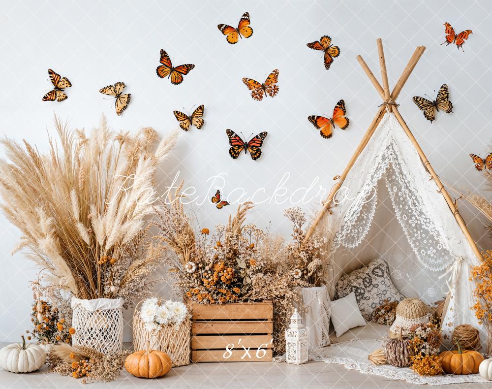 Kate Boho Tent Pumpkins Butterflies Pampas Fleece Backdrop Designed by Emetselch - Kate Backdrop AU