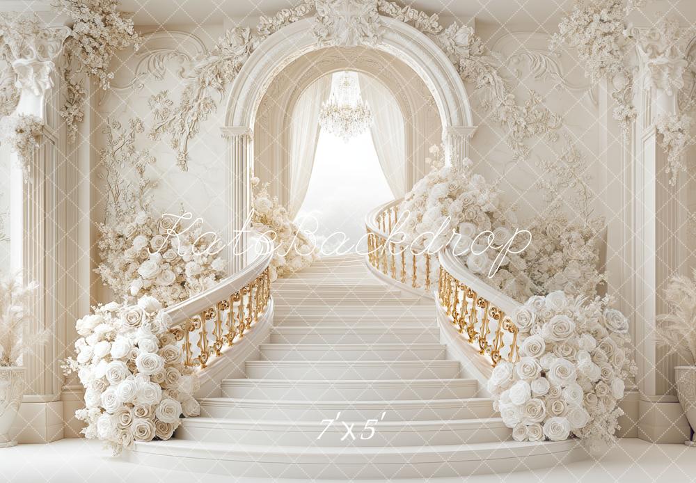 Kate Cascading Stairs Floral Arch White Backdrop Designed by Mini MakeBelieve - Kate Backdrop AU
