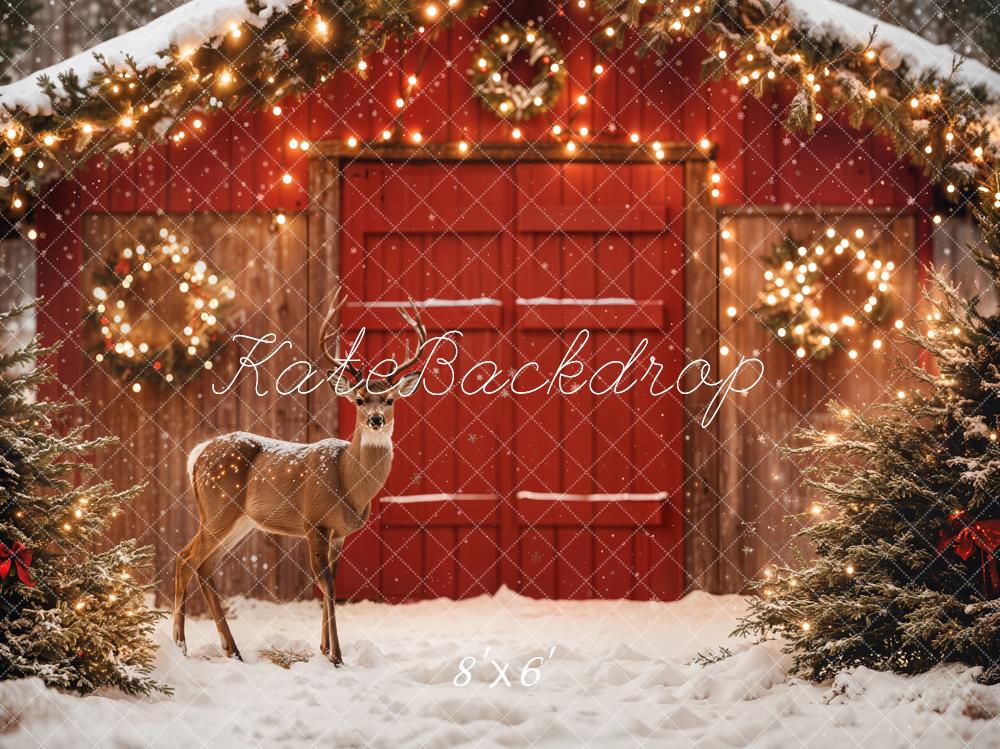 Kate Christmas Deer Red Barn Wreath Fleece Backdrop Designed by Emetselch - Kate Backdrop AU