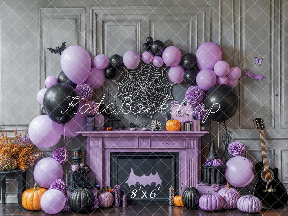 Kate Halloween Purple Balloons Spiderweb Fleece Backdrop Designed by Emetselch - Kate Backdrop AU