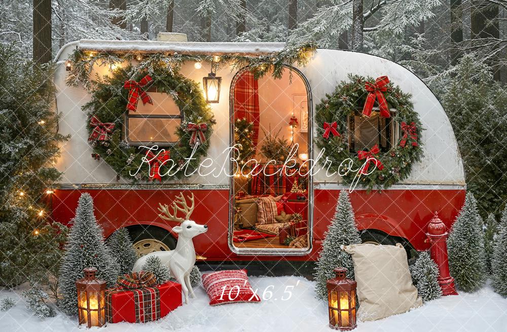 Kate Christmas Caravan Wreaths Reindeer Forest Fleece Backdrop Designed by Emetselch