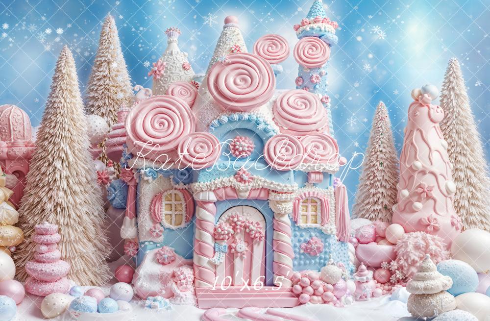 Kate Christmas Candy House Snowy Fleece Backdrop Designed by Emetselch