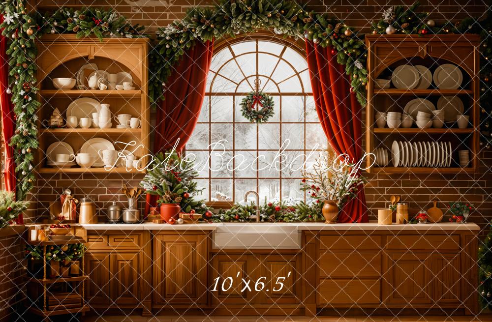 Kate Christmas Kitchen Window Garland Fleece Backdrop Designed by Emetselch