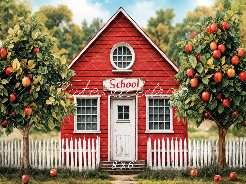 Kate Red Schoolhouse Apple Trees Fleece Backdrop Designed by Emetselch - Kate Backdrop AU