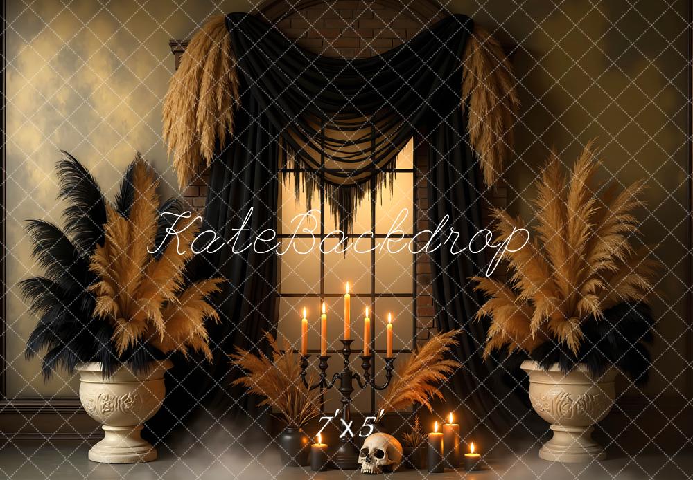Kate Halloween Pampas Grass Skull Candles Backdrop Designed by Mini MakeBelieve