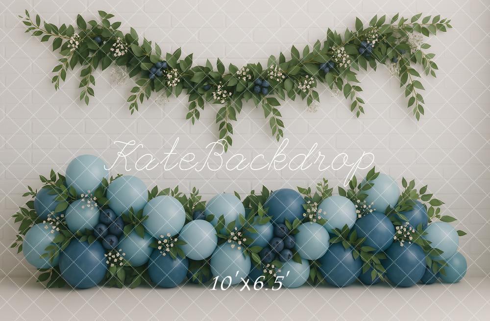Kate Blue Balloons Greenery Brick Backdrop Designed by Ashley Paul