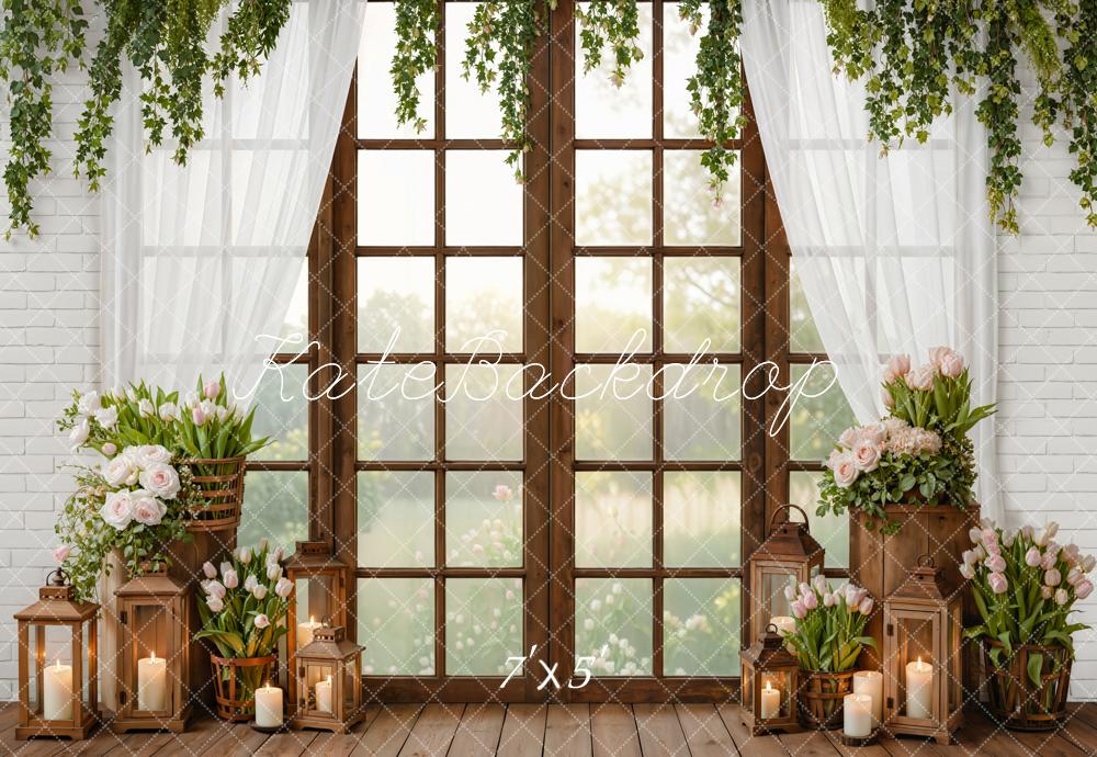 Kate Spring Window Flowers Candles Greenery Backdrop Designed by Emetselch