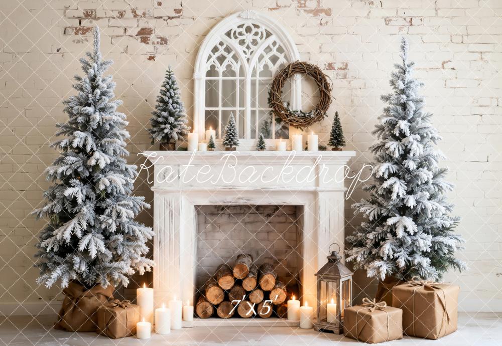 Kate Christmas Frosted Trees Fireplace Candles Backdrop Designed by Emetselch