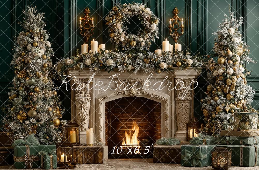 Kate Christmas Fireplace Wreath Green Wall Fleece Backdrop Designed by Emetselch - Kate Backdrop AU