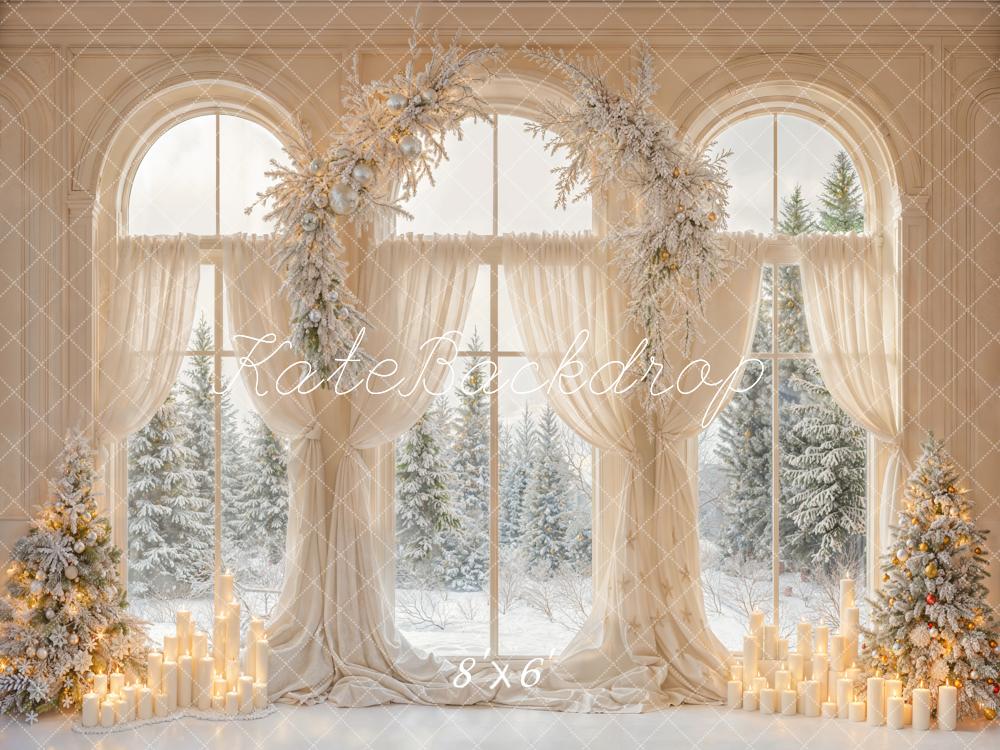 Kate Christmas Window Snow Trees Candles Fleece Backdrop Designed by Emetselch - Kate Backdrop AU
