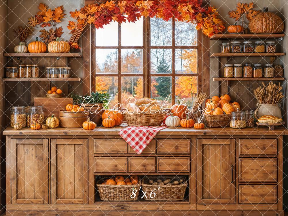 Kate Autumn Pumpkins Wooden Kitchen Fleece Backdrop Designed by Emetselch