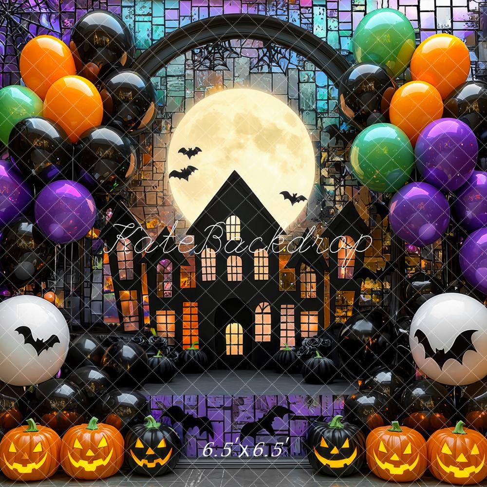Kate Halloween House Balloons Pumpkins Backdrop Designed by Mini MakeBelieve - Kate Backdrop AU