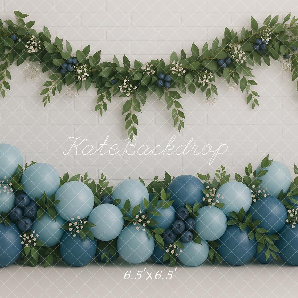 Kate Blue Balloons Greenery Brick Backdrop Designed by Ashley Paul