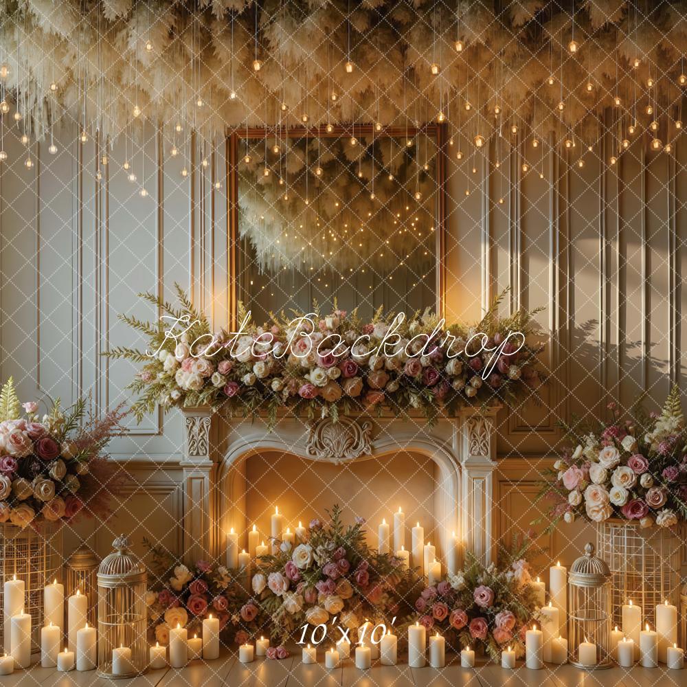 Kate Wedding Fireplace Floral Candles Backdrop Designed by Mini MakeBelieve