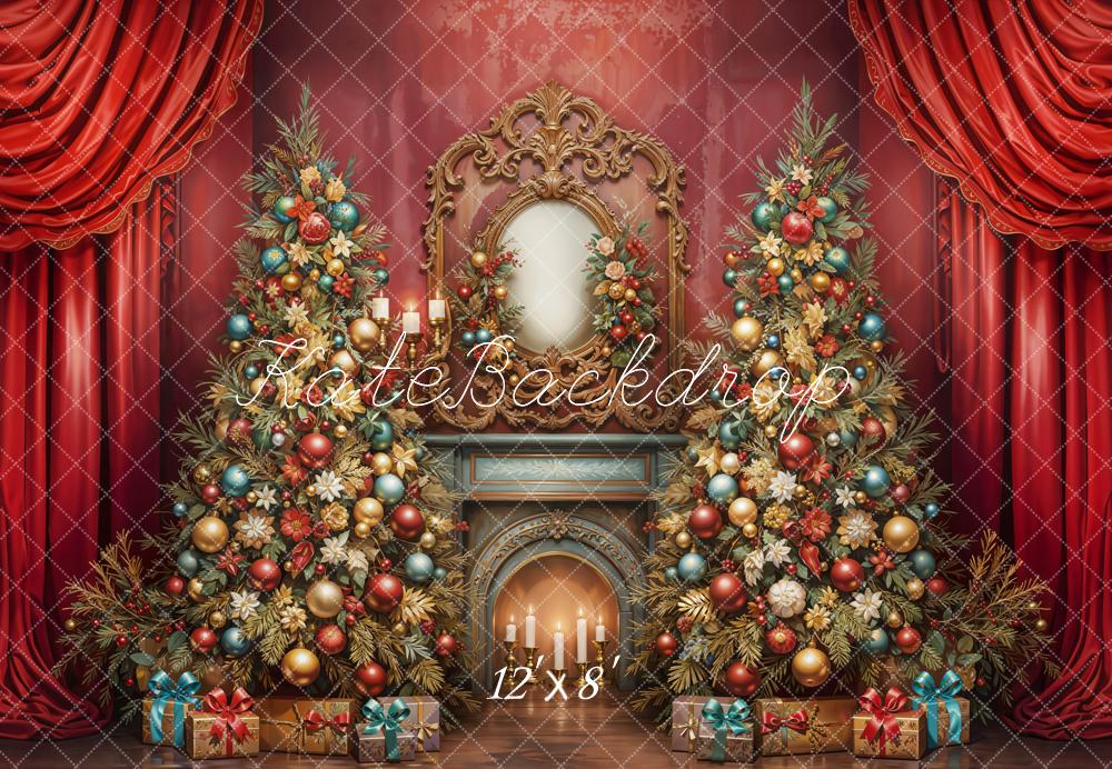 Kate Christmas Tree Fireplace Red Curtains Fleece Backdrop Designed by Emetselch - Kate Backdrop AU