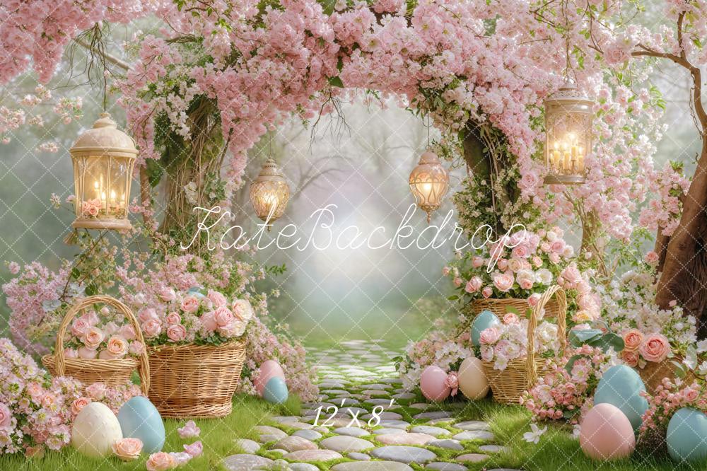 Kate Easter Bunny Flower Arch Cobblestone Path Fleece Backdrop Designed by Emetselch