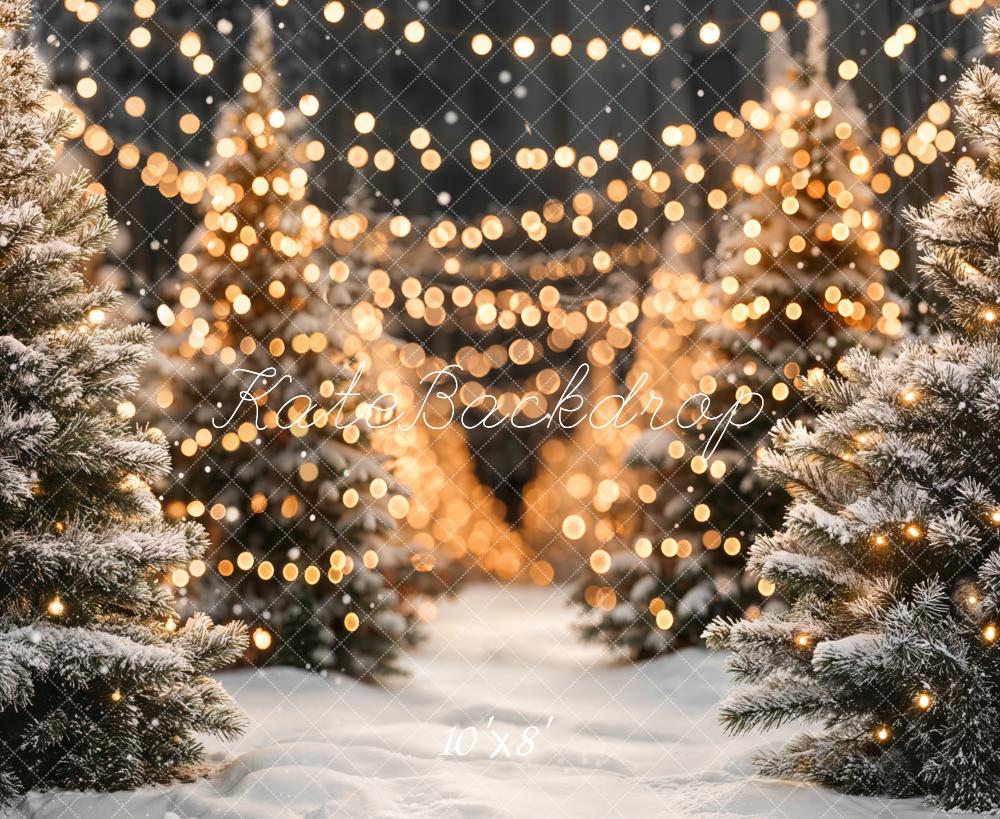 Kate Christmas Snowy Pine Trees Lights Fleece Backdrop Designed by Emetselch - Kate Backdrop AU