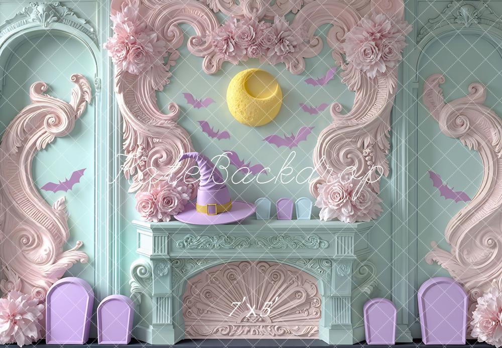 Kate Halloween Pastel Witch Hat Fireplace Bats Backdrop Designed by Mini MakeBelieve