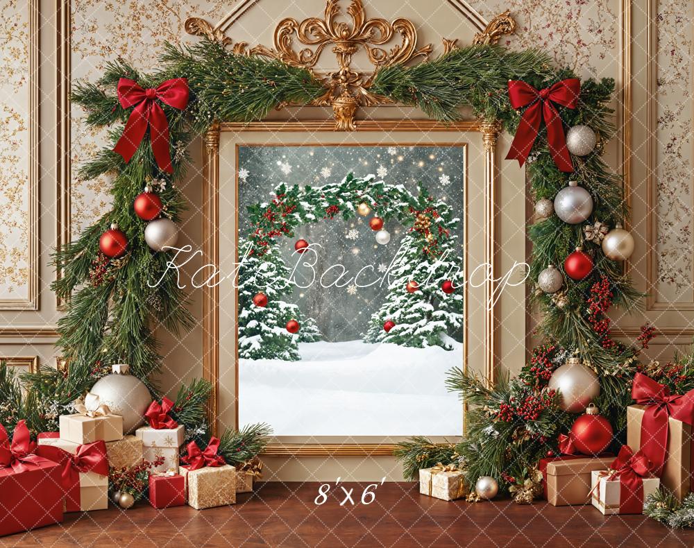 Kate Christmas Garland Presents Snowy Trees Fleece Backdrop Designed by Emetselch - Kate Backdrop AU
