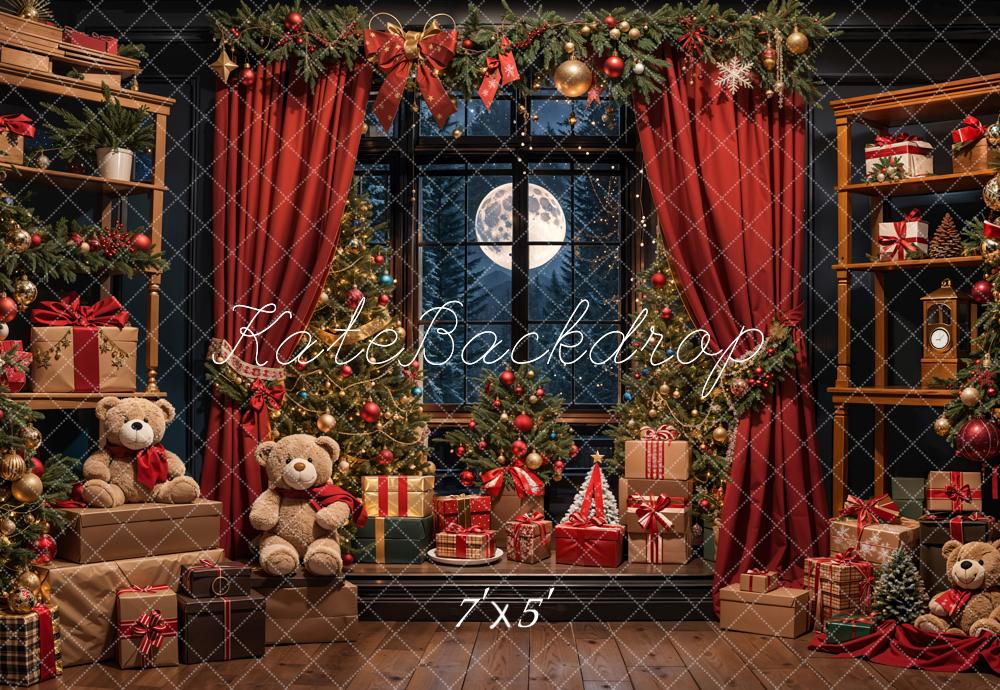 Kate Christmas Teddy Bears Red Curtains Backdrop Designed by Emetselch