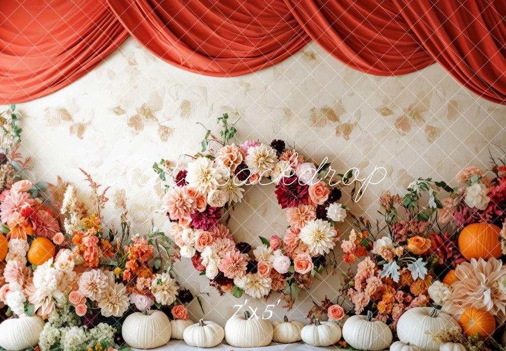 Kate Autumn Flowers Pumpkins Red Drapes Backdrop Designed by Patty Roberts