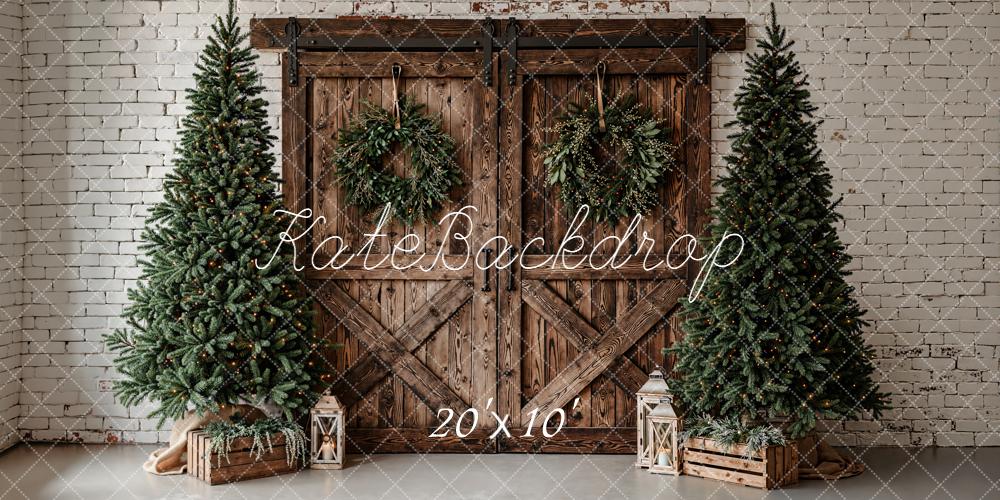 Kate Christmas Pine Trees Barn Doors Backdrop Designed by Emetselch