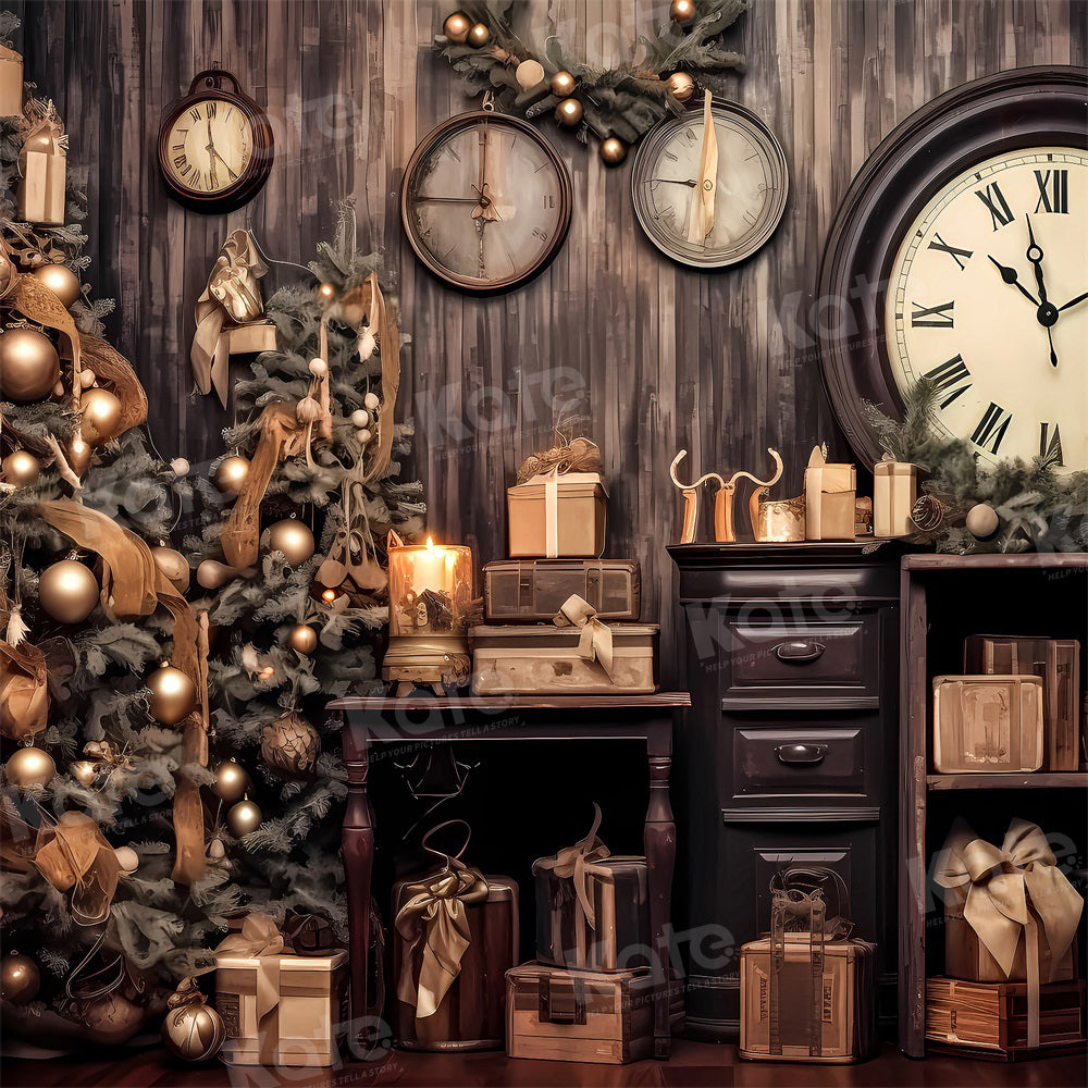Kate Christmas Tree Clocks Gifts Wood Backdrop Designed by Emetselch - Kate Backdrop AU
