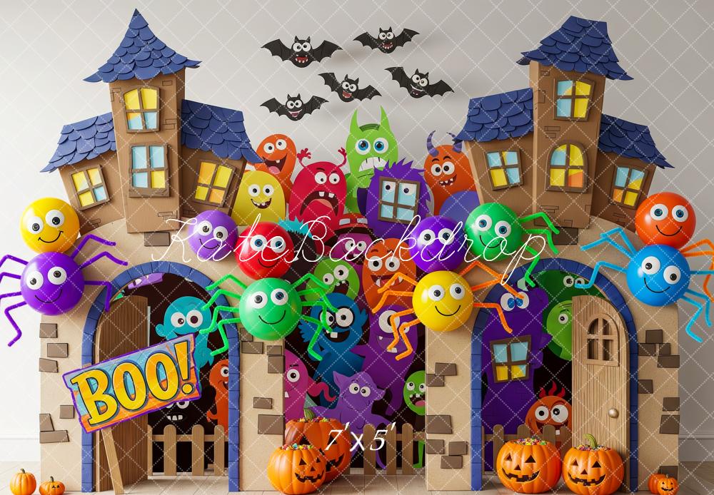 Kate Halloween Haunted House Backdrop Cartoon Monsters Spiders Pumpkins Designed by Patty Roberts