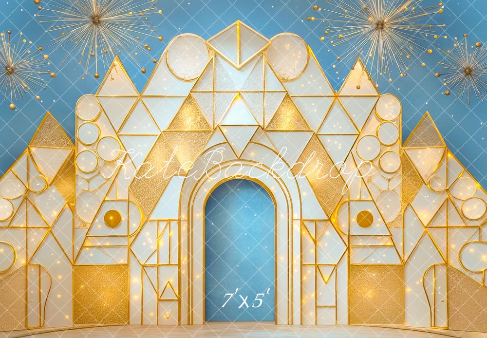 Kate Geometric Arch Gold Sparkle Blue Backdrop Designed by Mini MakeBelieve