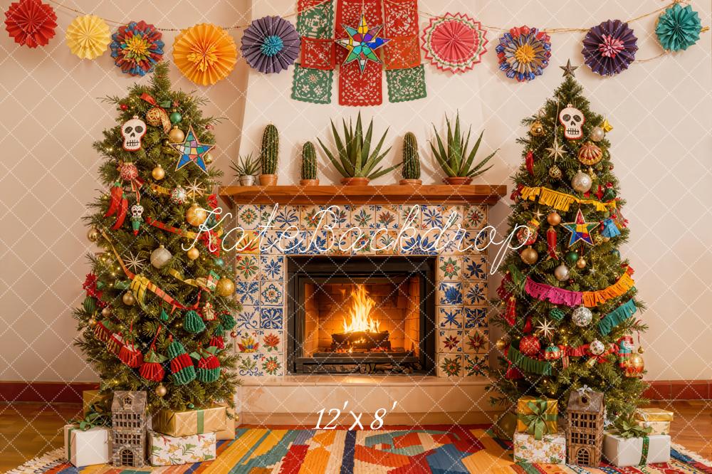 Kate Christmas Fireplace Tile Trees Fleece Backdrop Designed by Emetselch