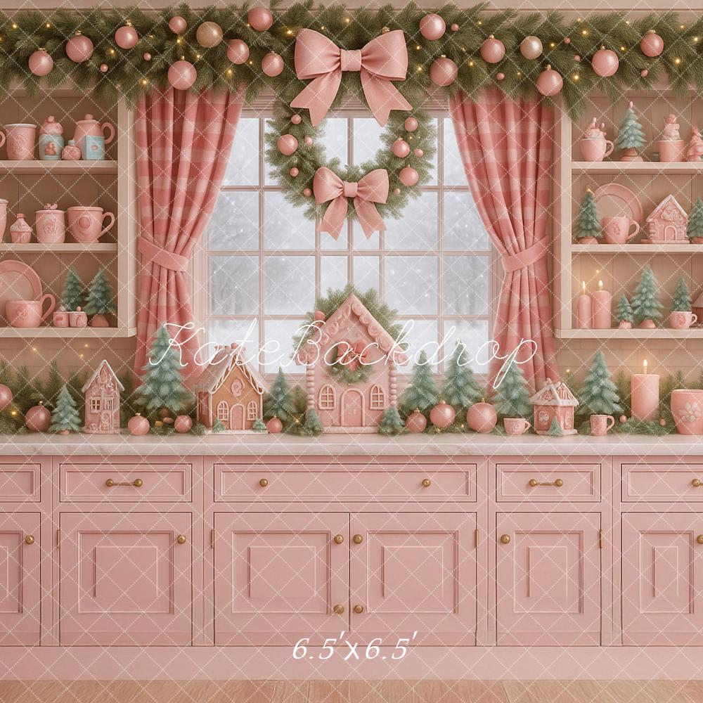 Lightning Deals-C1 Kate Christmas Pink Kitchen Gingerbread Backdrop Designed by Ashley Paul
