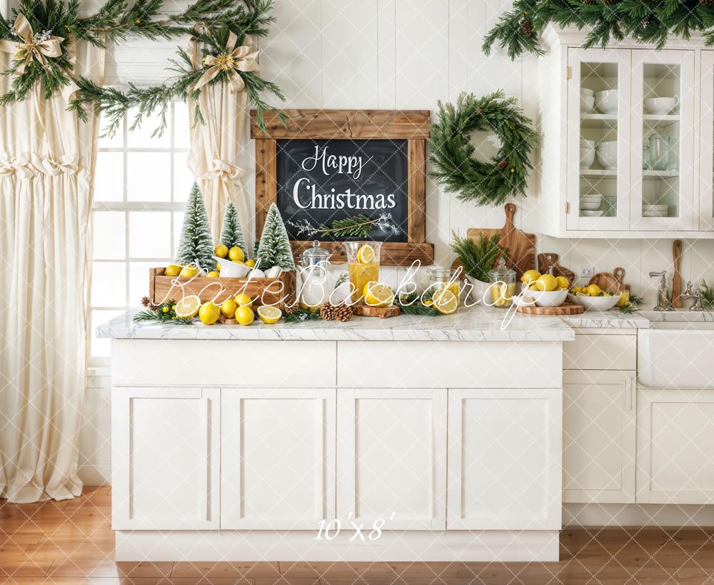 Kate Christmas Kitchen Wreath Lemons Garland Fleece Backdrop Designed by Chain - Kate Backdrop AU