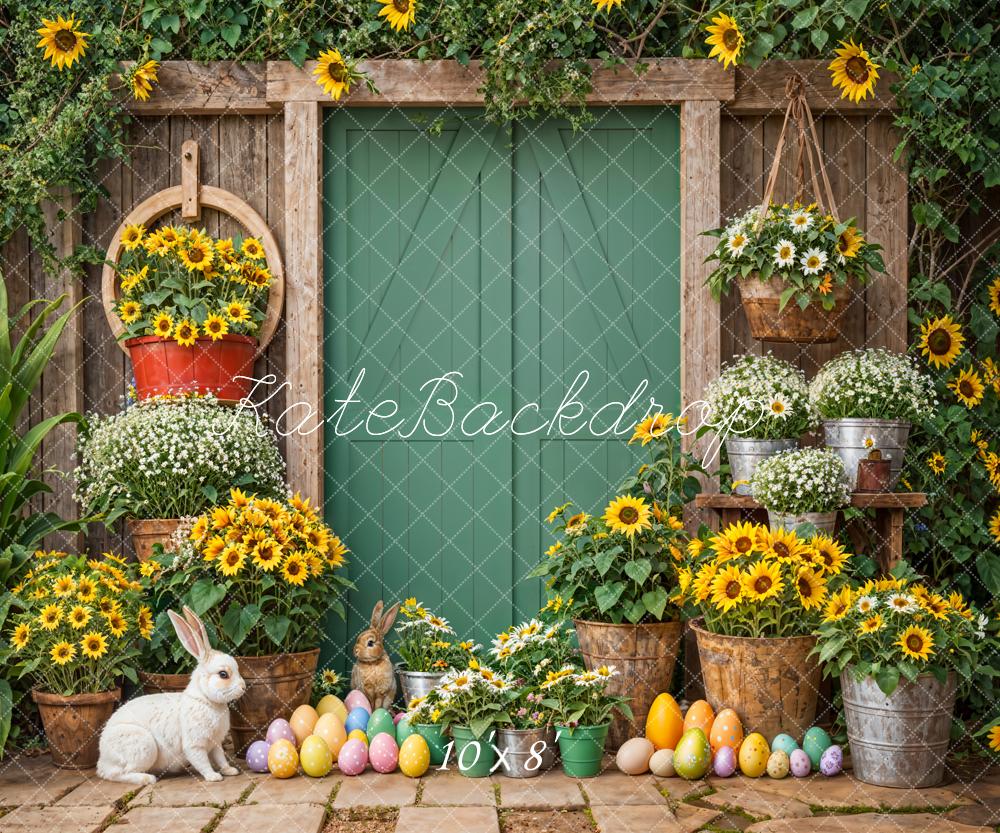 Kate Easter Bunny Sunflowers Rustic Green Door Backdrop Designed by Emetselch