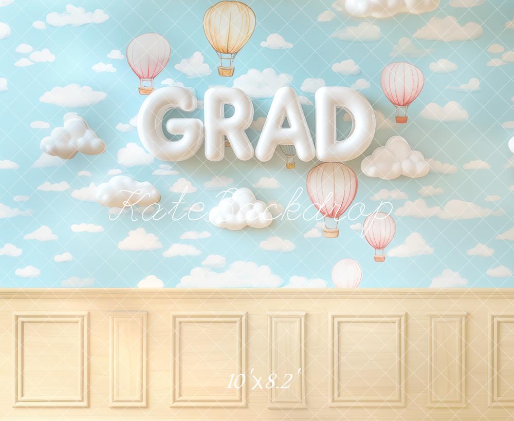Kate Grad Hot Air Balloons Clouds Blue Backdrop Designed by Mini MakeBelieve