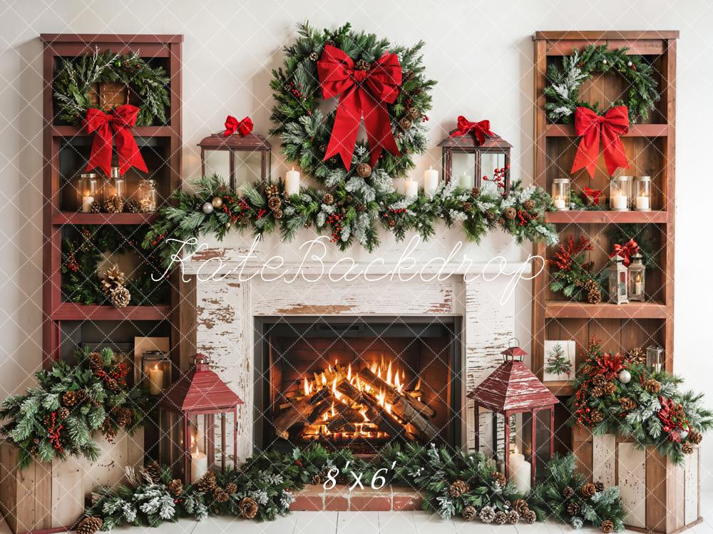 Kate Christmas Fireplace Red Bows Fleece Backdrop Designed by Emetselch - Kate Backdrop AU