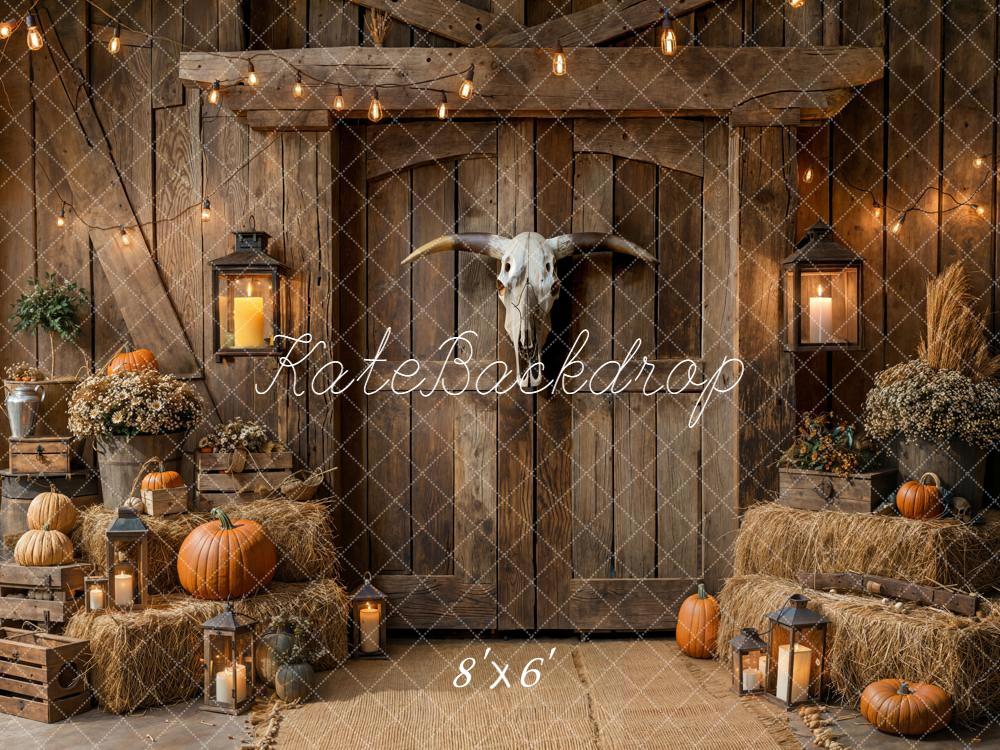 Kate Autumn Barn Wood Pumpkins Hay Fleece Backdrop Designed by Emetselch - Kate Backdrop AU