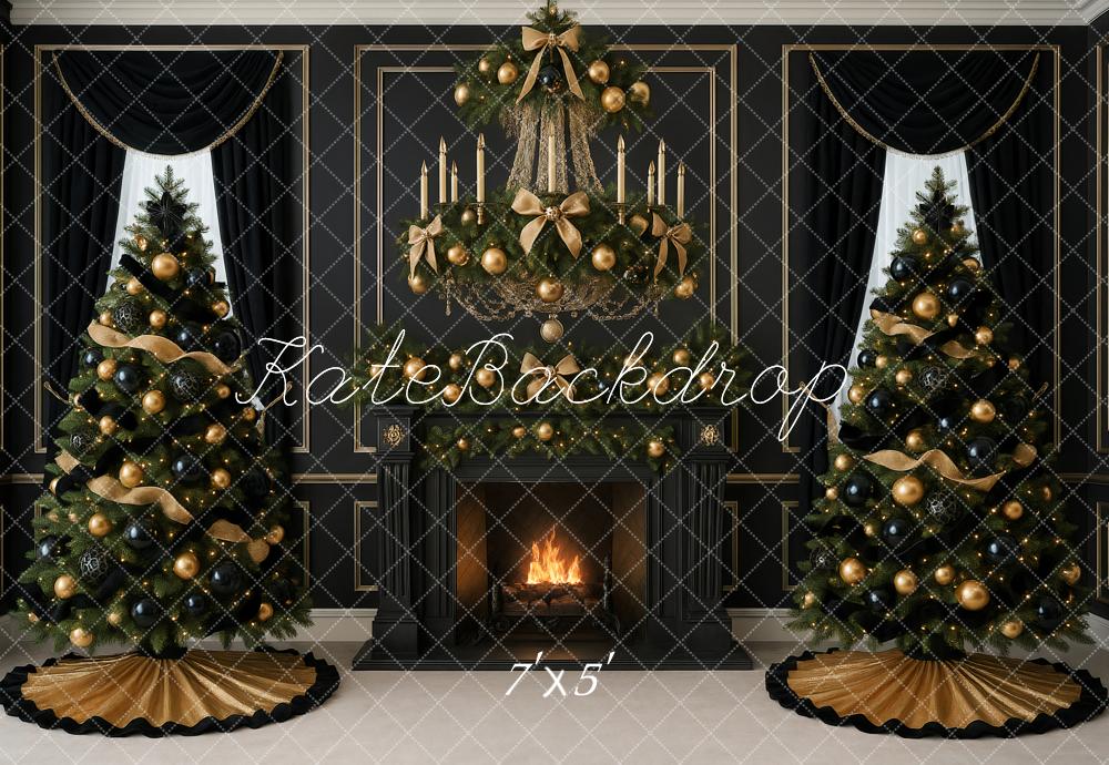 Kate Christmas Black Gold Trees Fireplace Backdrop Designed by Ashley Paul