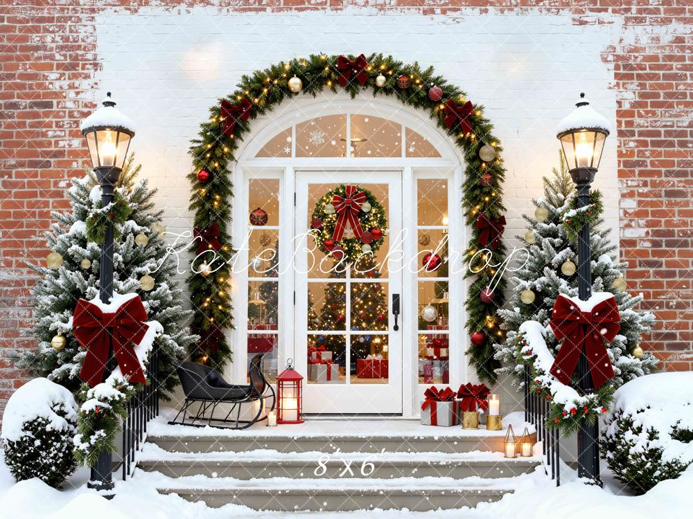 Kate Christmas Porch Snowy Trees Backdrop Designed by Mini MakeBelieve