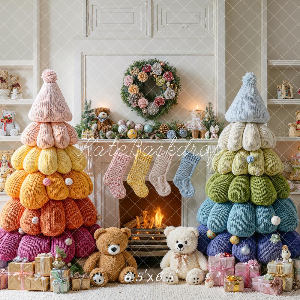 Kate Christmas Knitted Trees Fireplace Gifts Backdrop Designed by Emetselch - Kate Backdrop AU