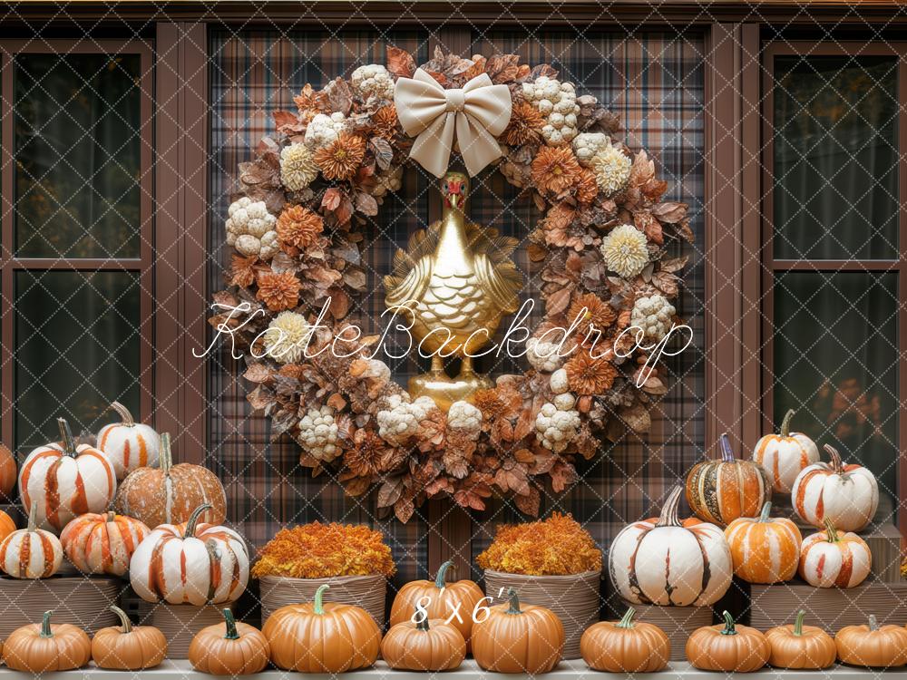 Kate Autumn Wreath Pumpkins Plaid Backdrop Designed by Mini MakeBelieve - Kate Backdrop AU