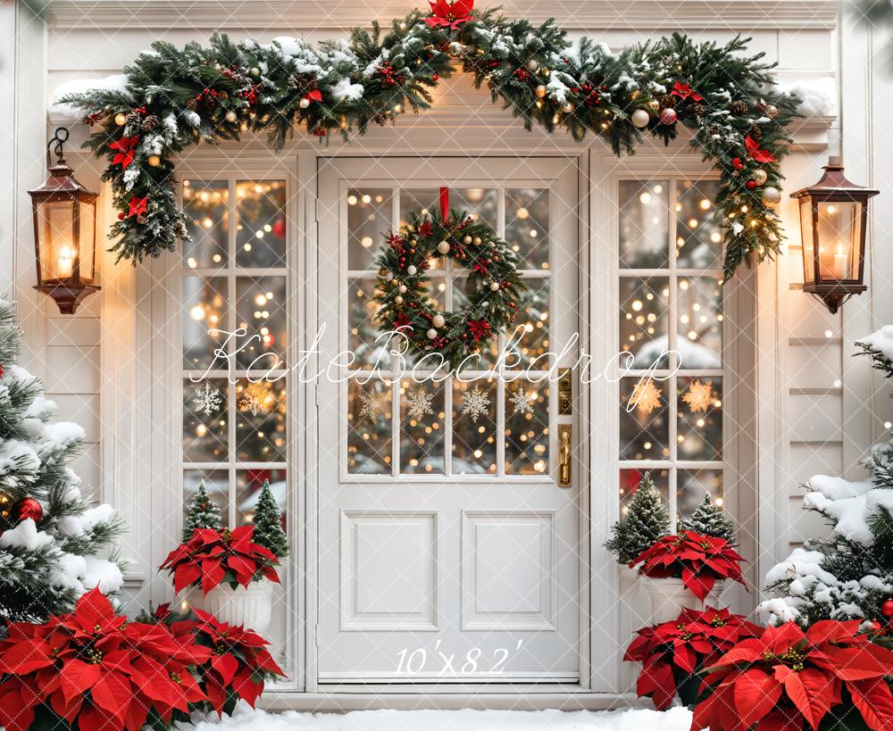 Kate Christmas Snowy Door Wreath Poinsettias Backdrop Designed by Emetselch